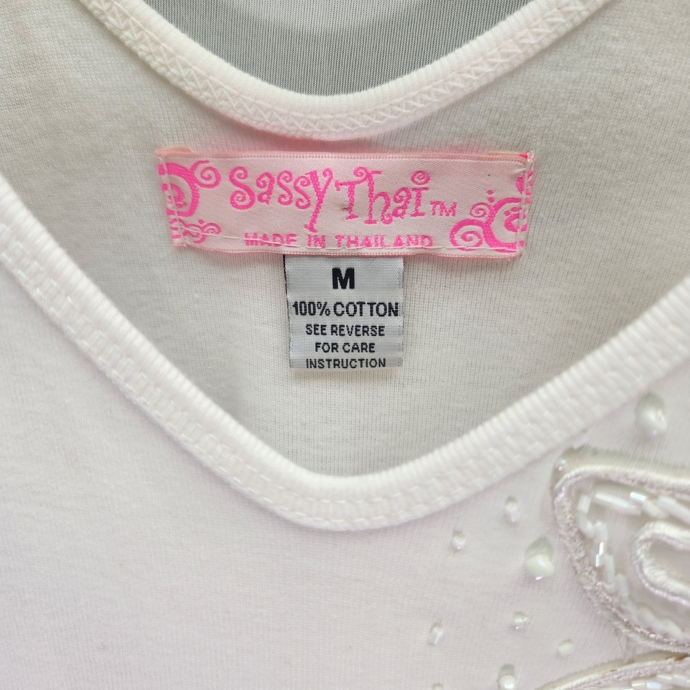 Y2K Sassy Thai 100% Cotton White Floral Embellished Tank Top. - Picture 4 of 8